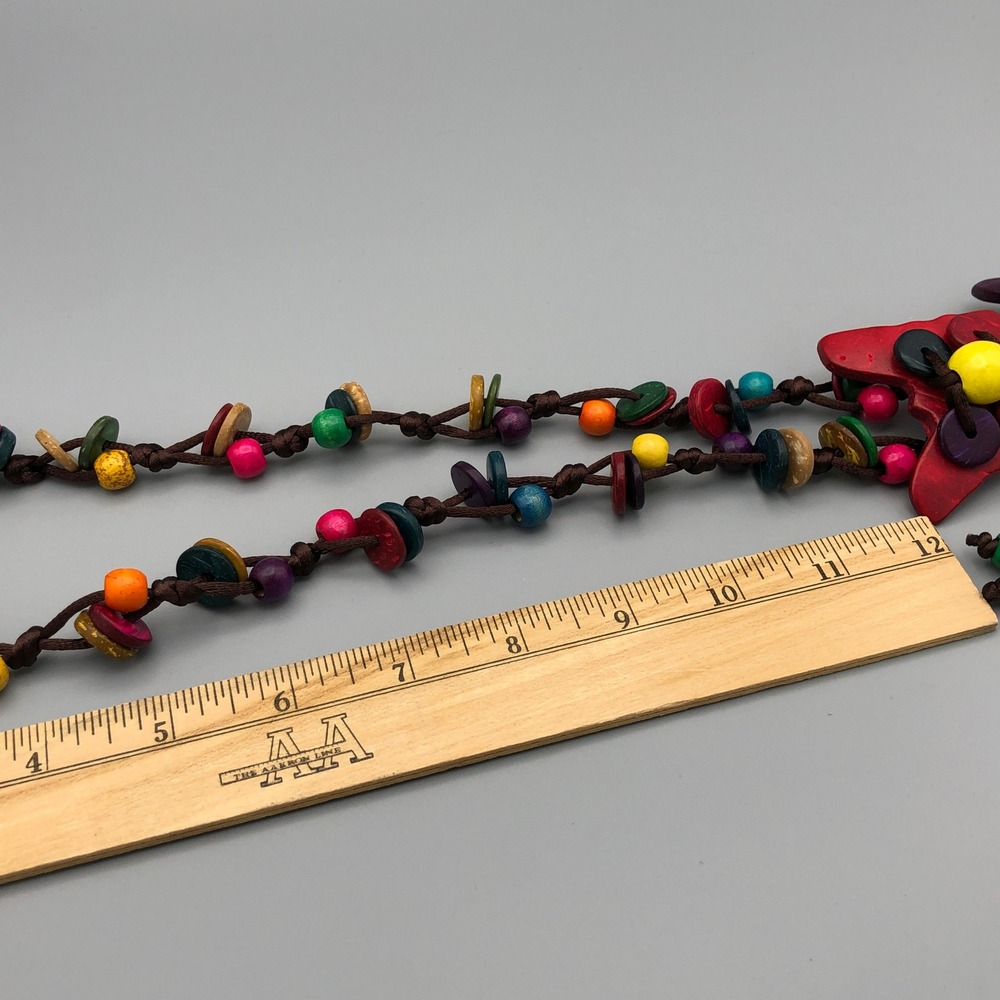 Vintage Multicolor Butterfly Tassel Necklace 30" Coconut Bead Boho Layering Cord - Picture 10 of 10